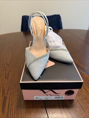 Nina Silver Glitter Pointed Slingback Heels with Rhinestone Band